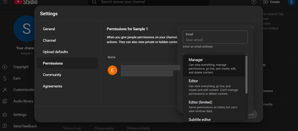 YouTube Studio permissions tab displaying options for selecting access types like Manager or Editor