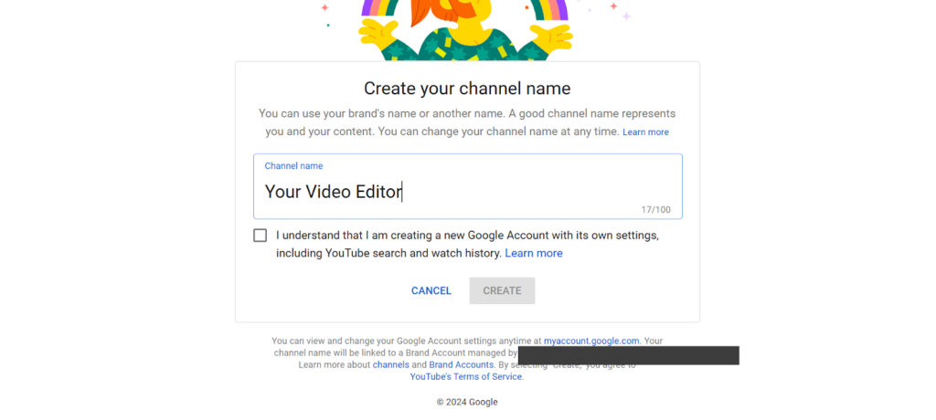 YouTube channel creation page