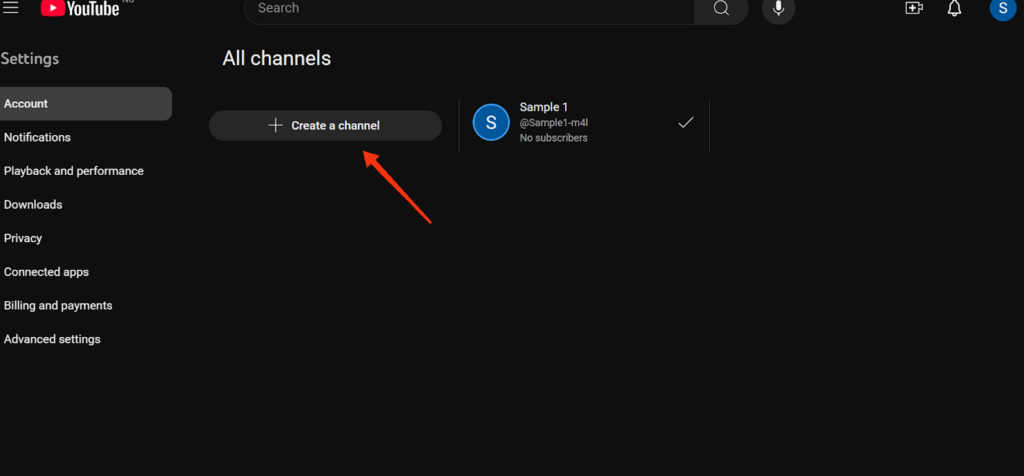 YouTube settings page showing Create a channel