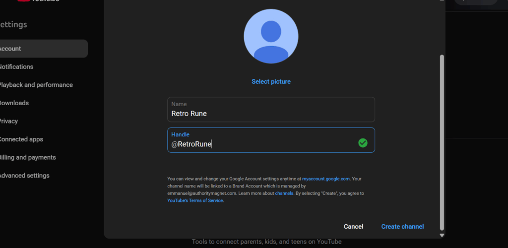 Upload your youtube profile photo, channel and handle name