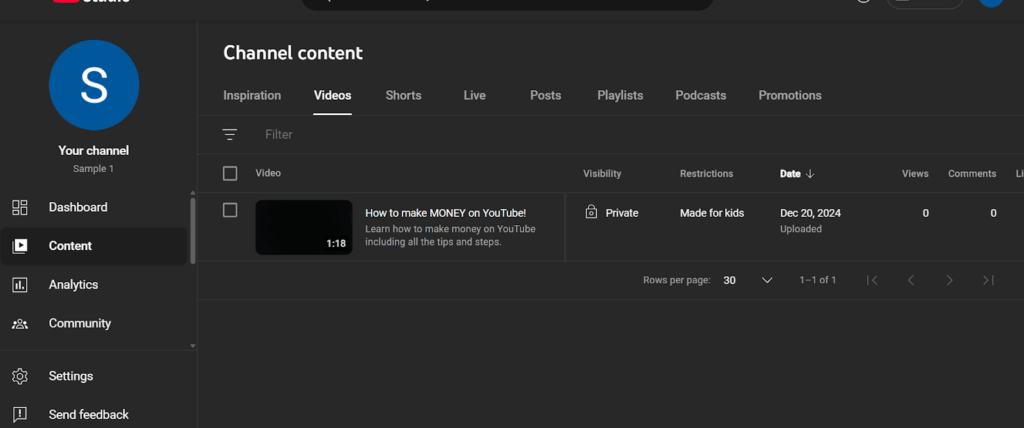channel's status from content tab