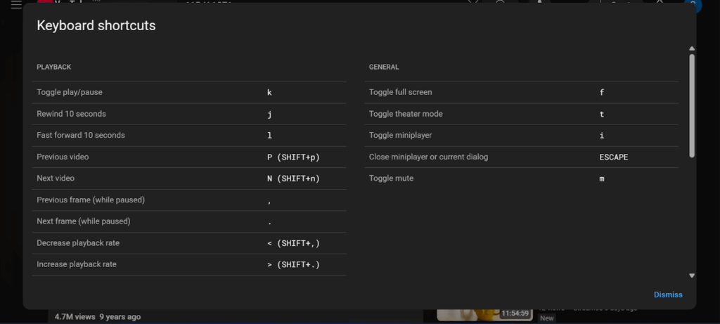 official YouTube shortcut list