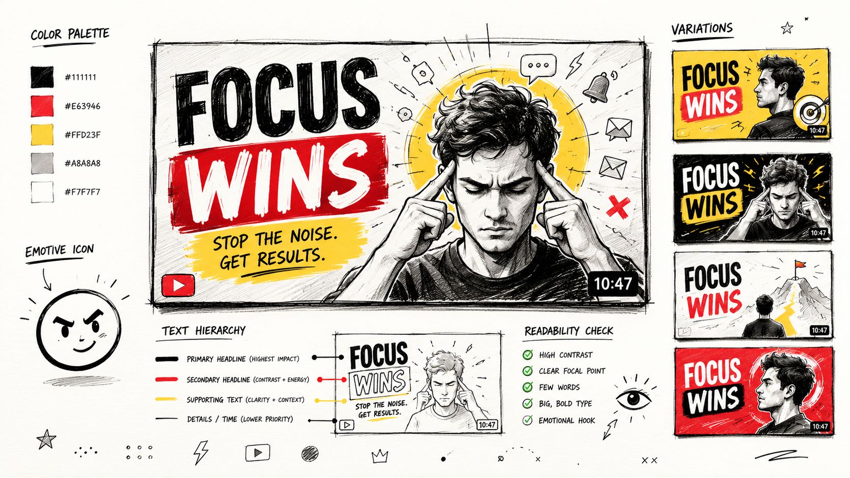 A visual guide for YouTube thumbnail design showcasing a man focusing with text overlays and color palettes.