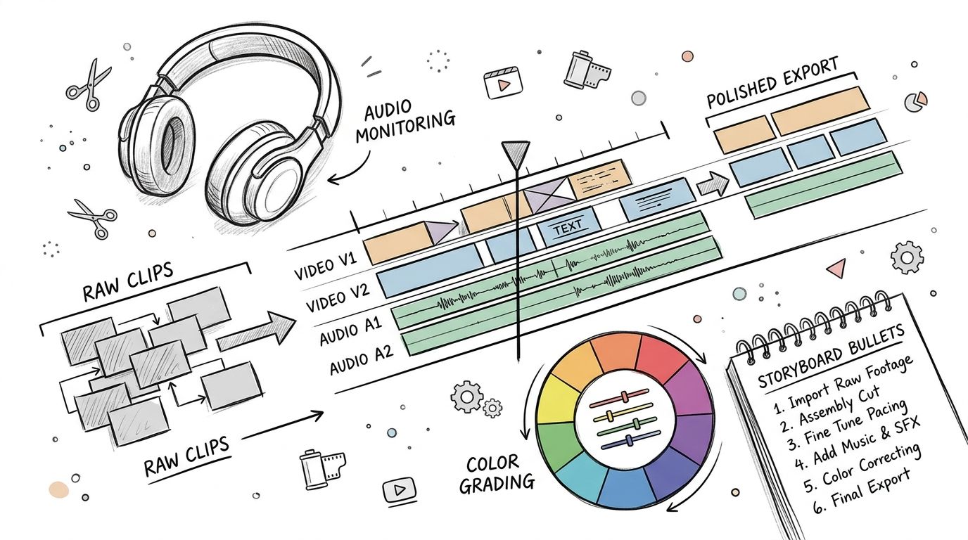 A hand-drawn illustration showing the video editing workflow, including raw clips, timeline, audio monitoring, and color grading tools.