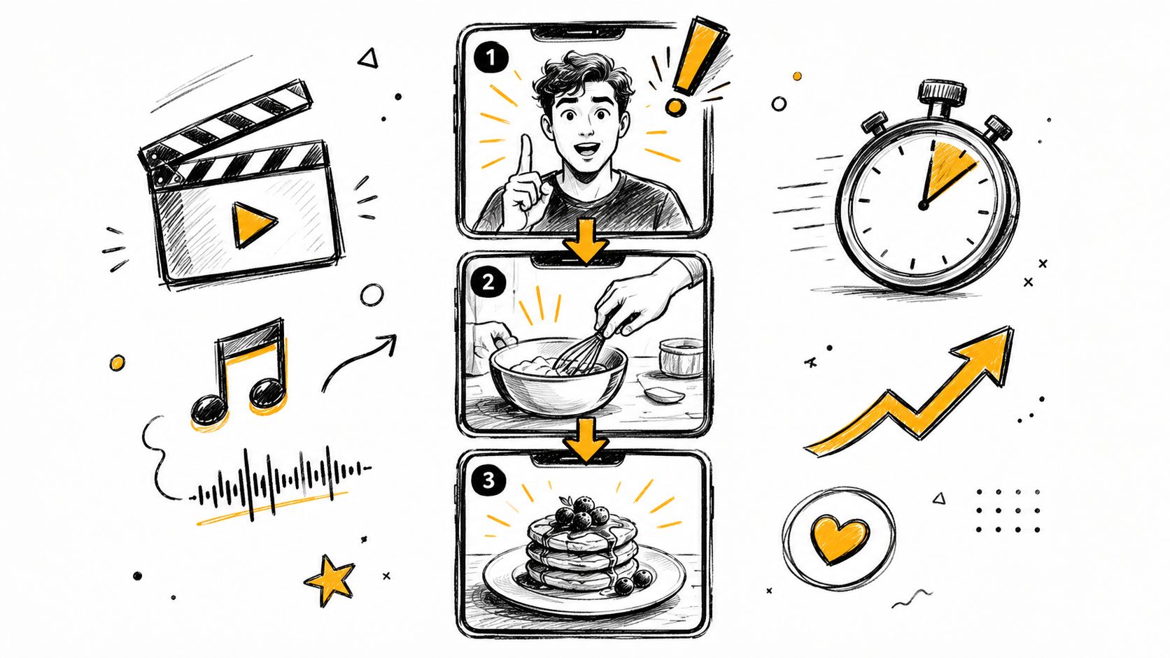 A hand-drawn illustration showing a three-step content creation process for cooking videos, featuring a creator, mixing, and pancakes.