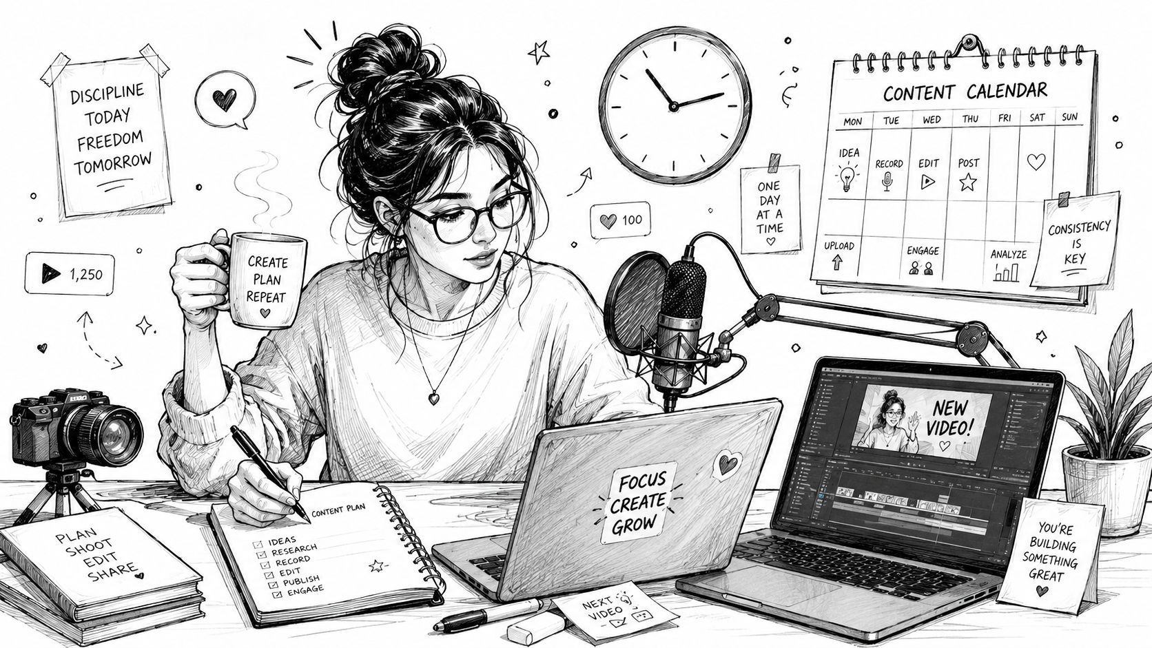 A female content creator working at her desk with a camera, microphone, laptop, and content calendar.