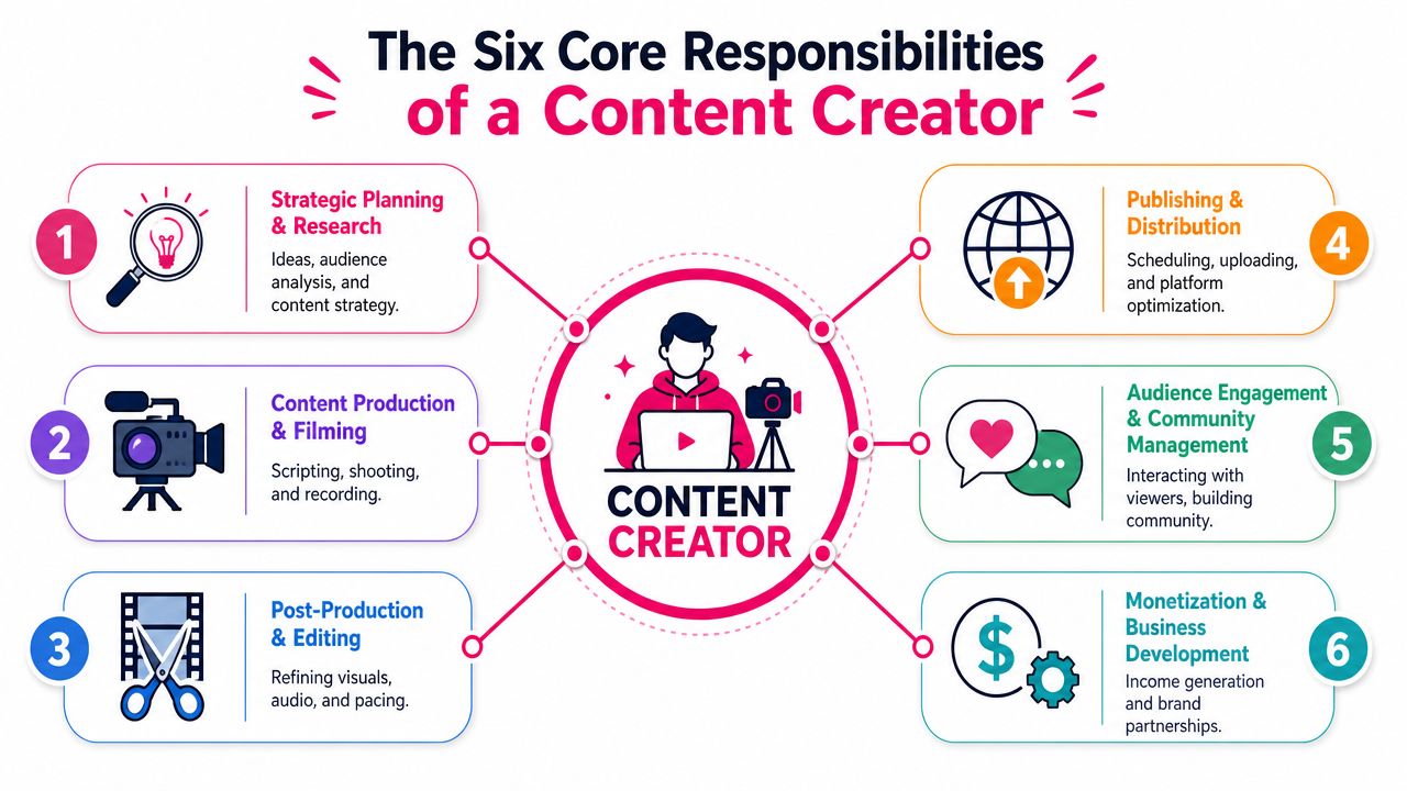 An infographic detailing the six core responsibilities of a content creator, from planning to monetization.