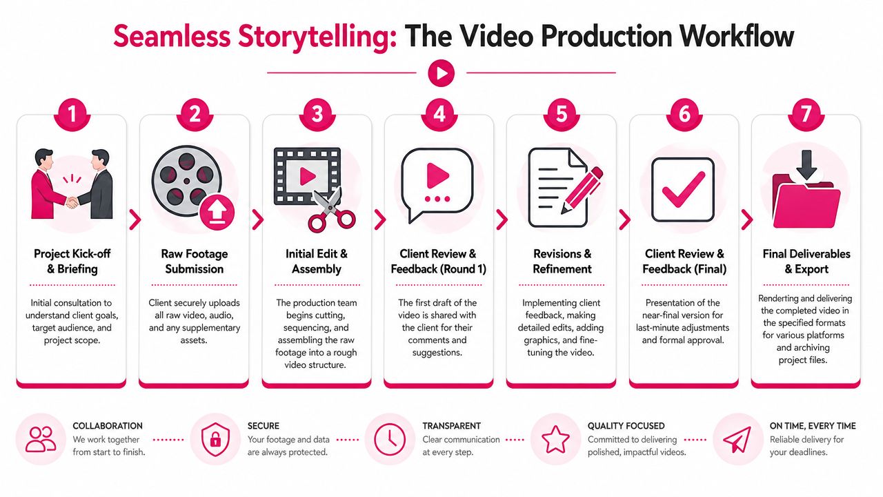 An infographic showing the seven-step video production workflow from project kick-off to final delivery.