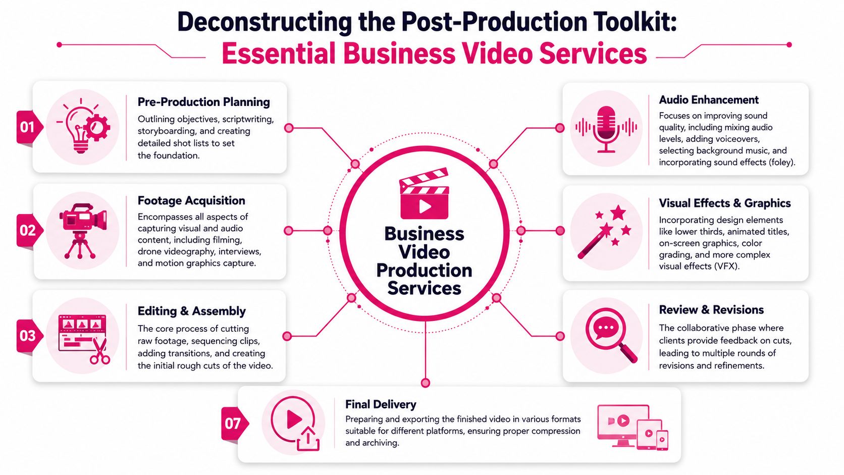 A diagram outlining the seven essential steps and services involved in professional business video production and post-production.