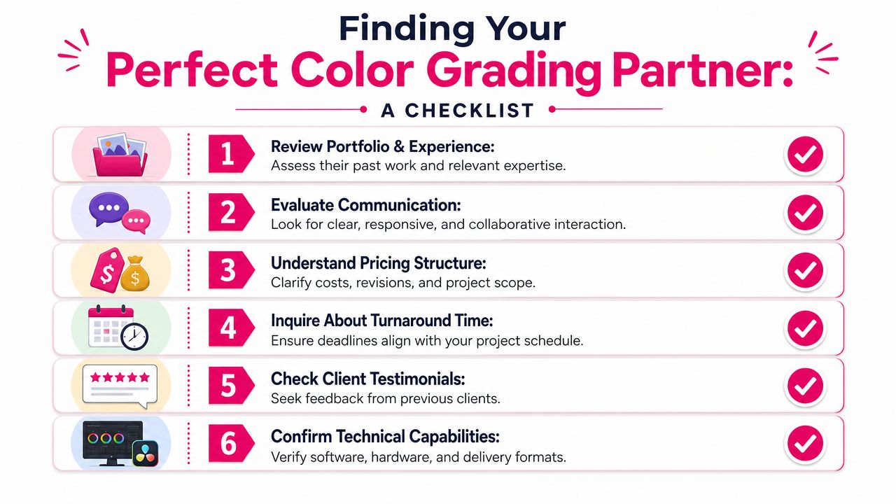 A checklist for choosing a professional color grading partner with six essential steps for evaluating service providers.