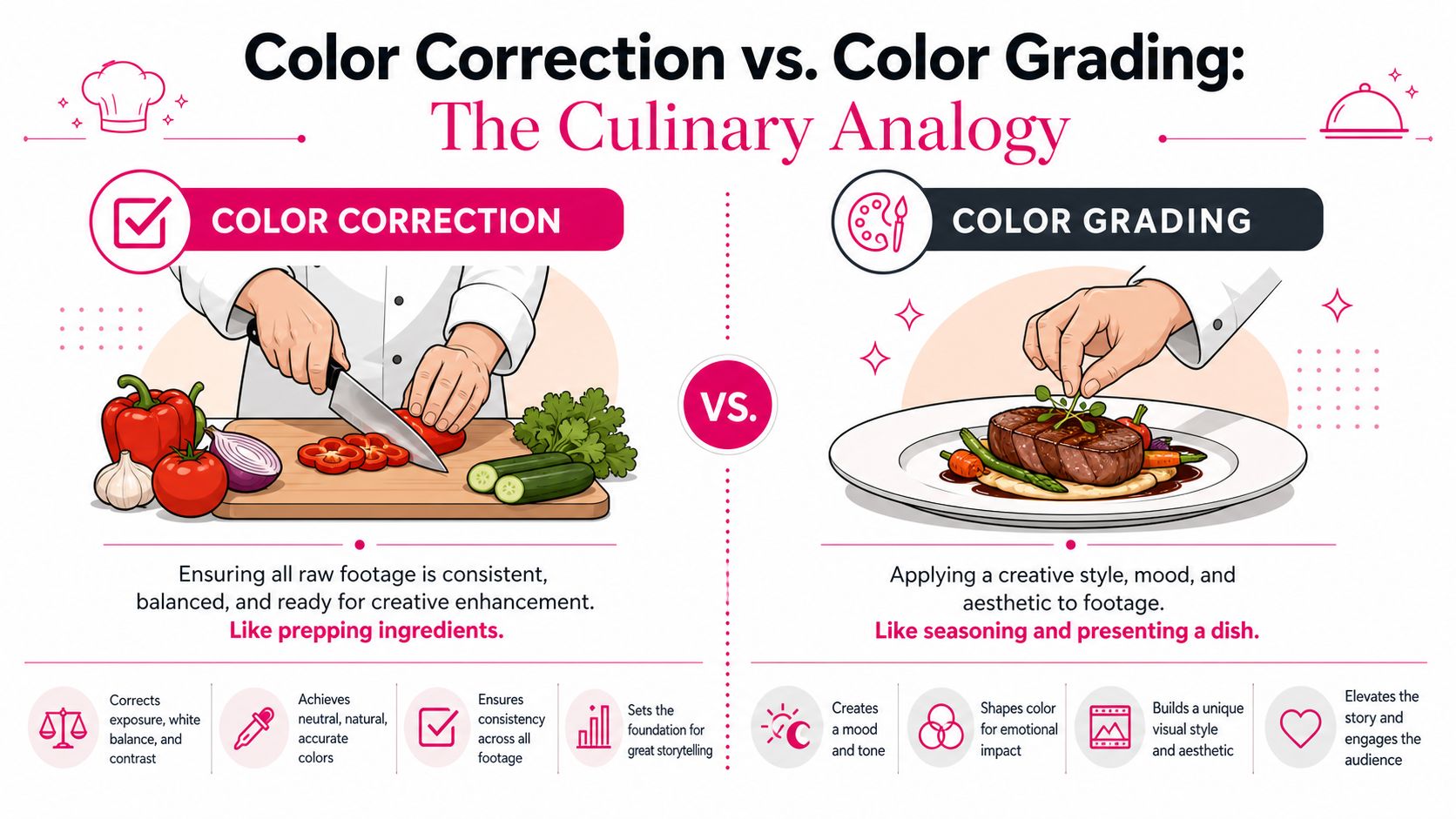 An infographic illustrating the difference between color correction and color grading using a cooking analogy.