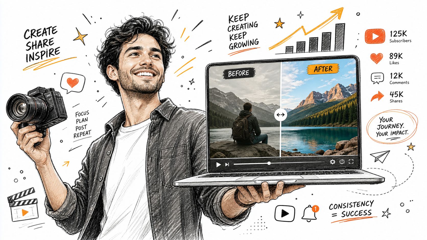 A creative professional holds a camera and a laptop displaying a landscape before and after photo editing.