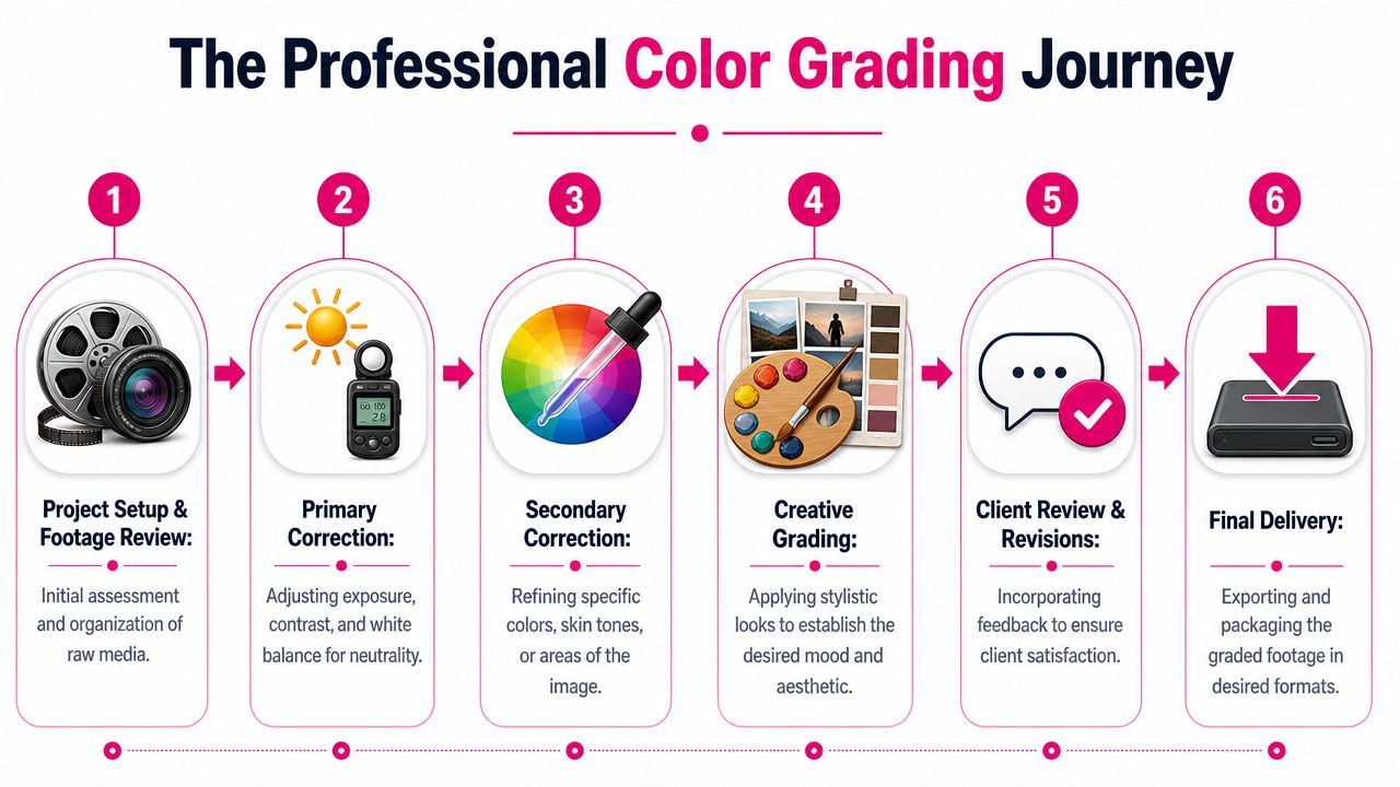 A six-step infographic detailing the professional color grading process for video post-production from setup to delivery.