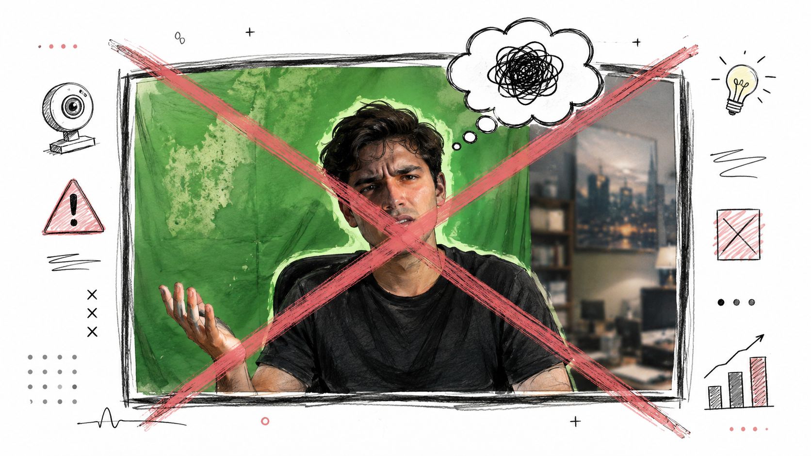 A man looking frustrated in front of a green screen with a doodle of tangled thoughts above.