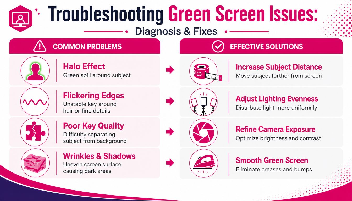 An infographic detailing common green screen issues and effective solutions to improve filming quality and chroma keying.