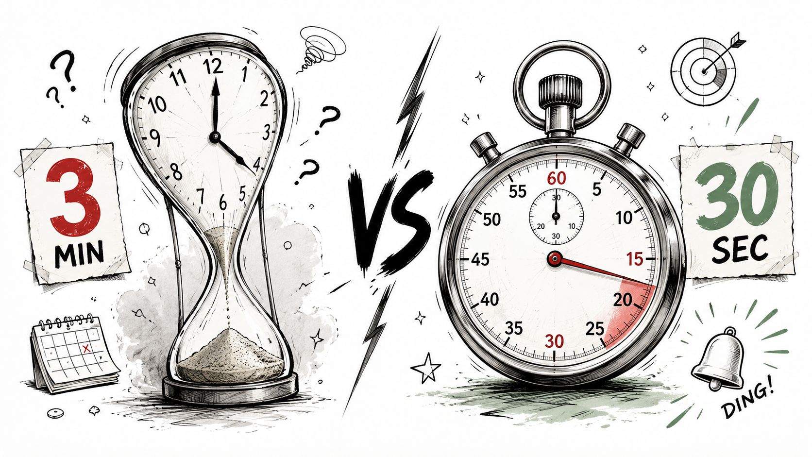 A comparison between a 3-minute hourglass and a 30-second stopwatch, representing time management and video duration concepts.