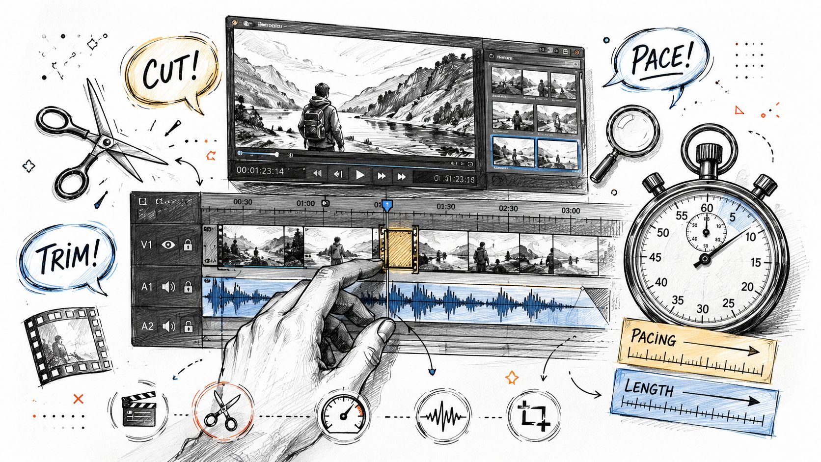 A digital illustration depicting video editing techniques like cutting, trimming, and pacing with a stopwatch and timeline.