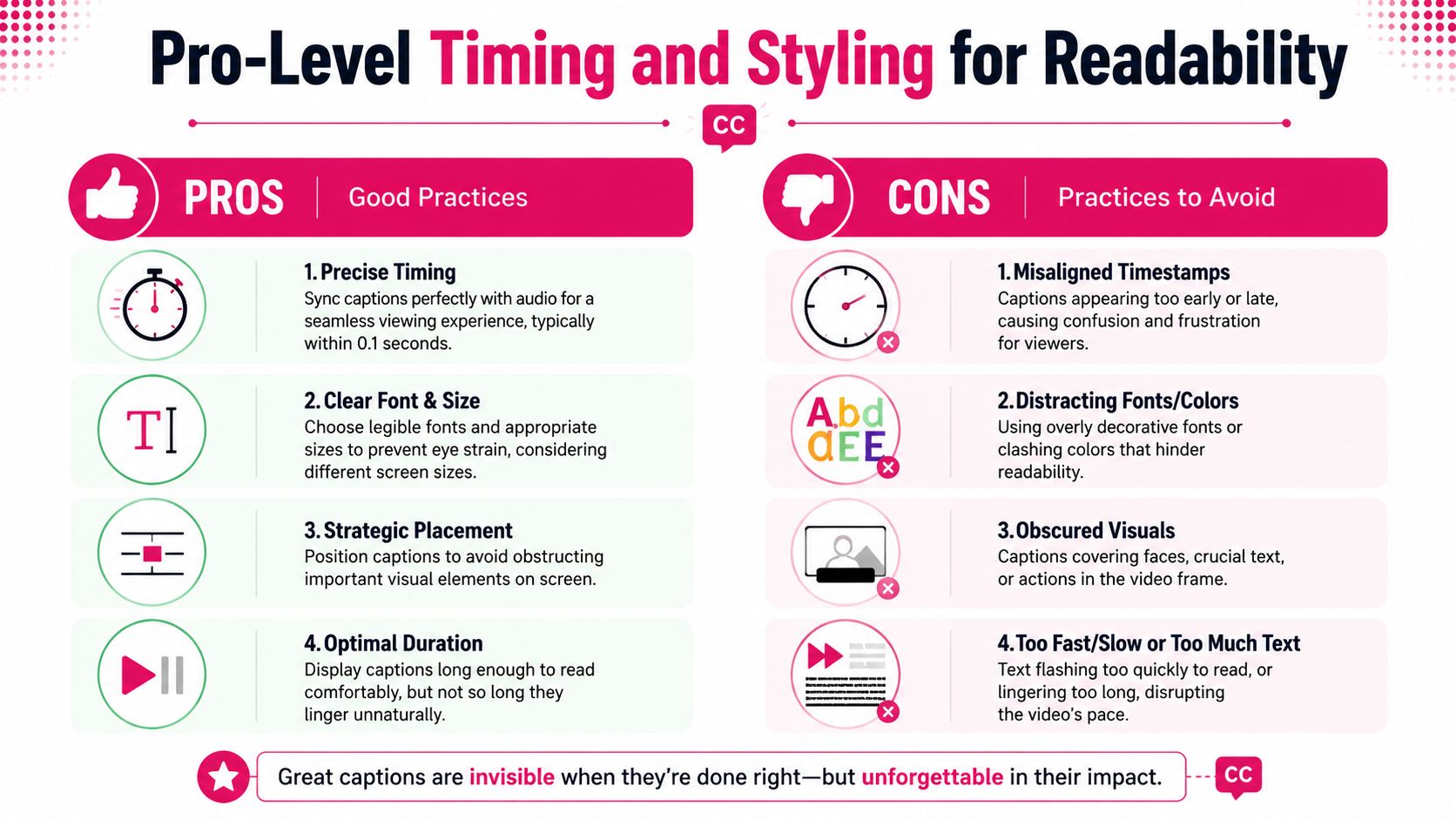 An infographic showing best practices and common pitfalls for creating professional video captions and subtitles.