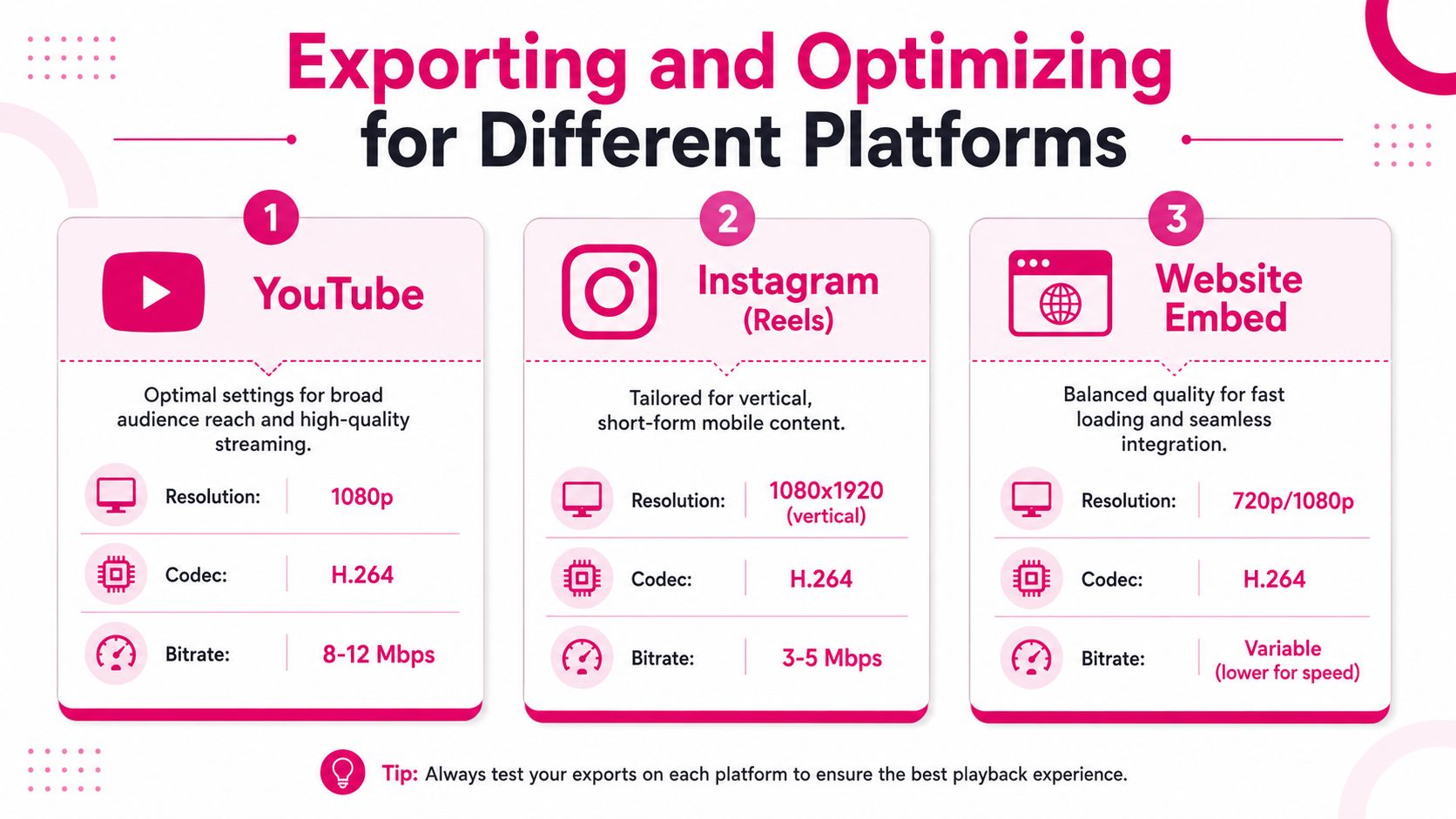 An infographic showing recommended video export settings for YouTube, Instagram Reels, and website embedding platforms.
