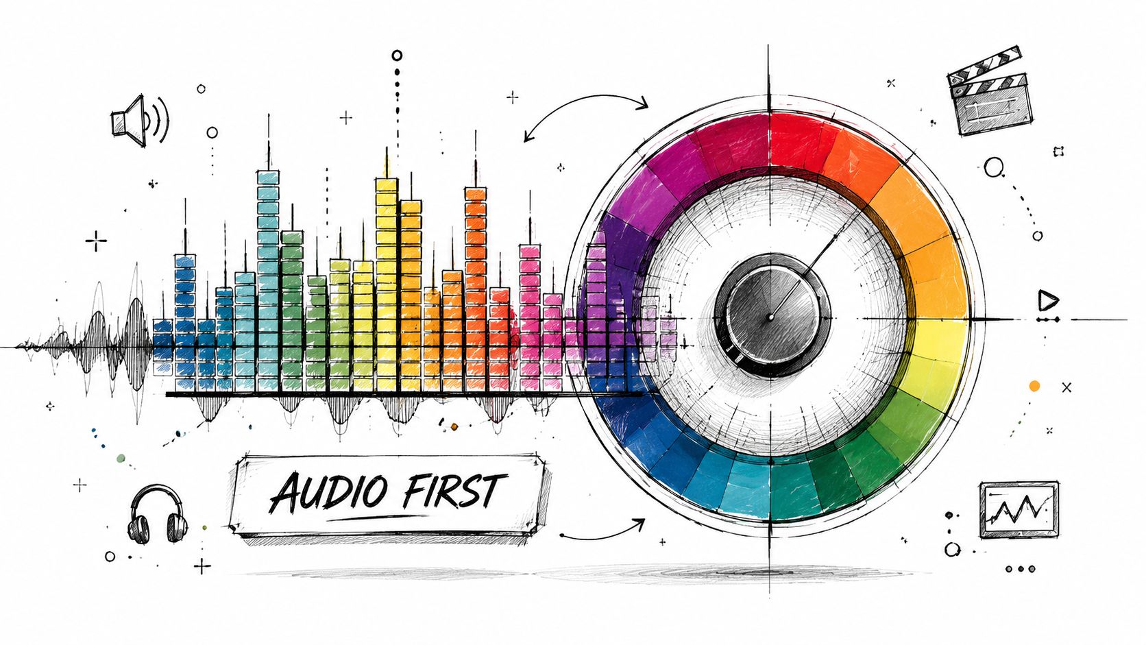 A creative sketch illustration featuring a sound equalizer bar, a color wheel, and the text Audio First.