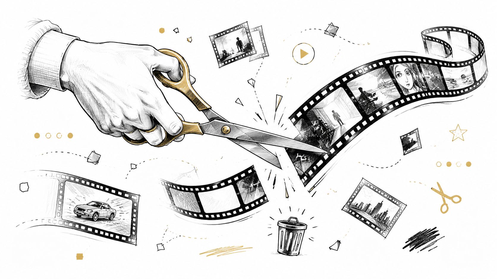 A hand holding golden scissors cutting a reel of film, symbolizing video editing and production.