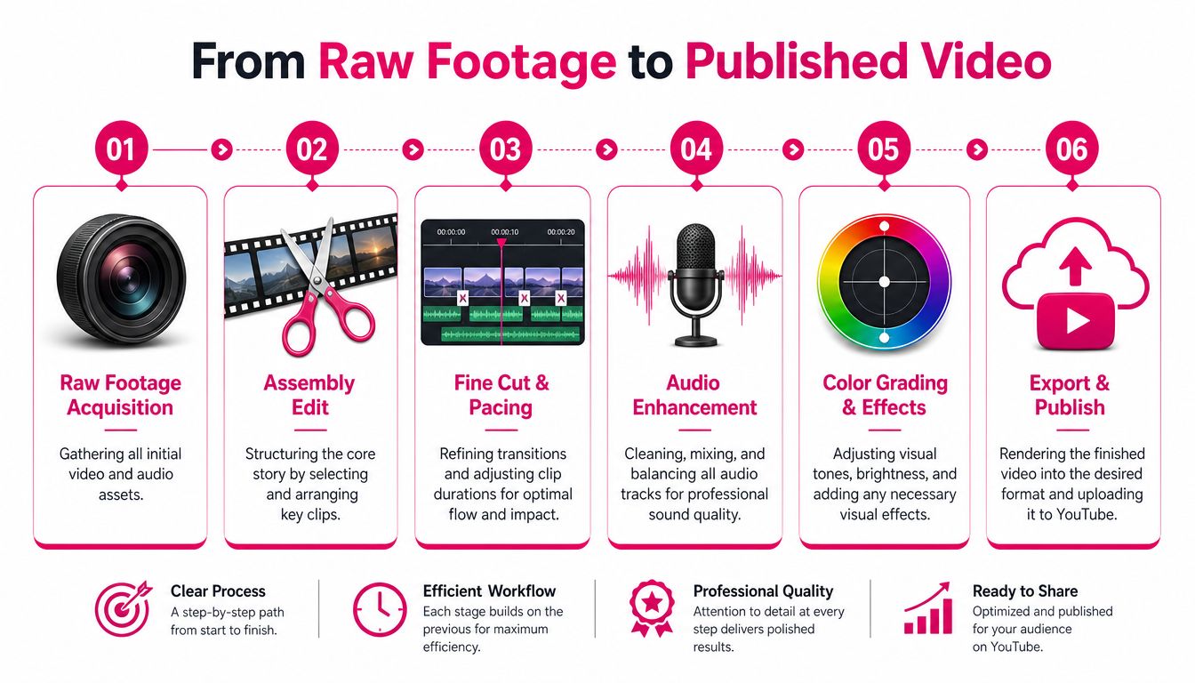 A six-step infographic showing the professional video production process from raw footage to final YouTube publication.