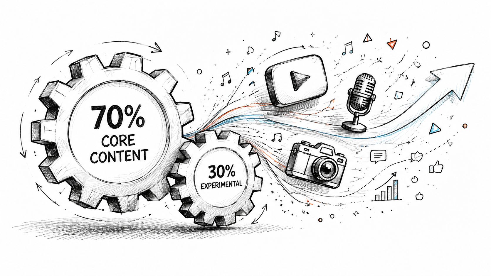 A hand-drawn illustration showing gears representing a balanced strategy of 70% core content and 30% experimental content.