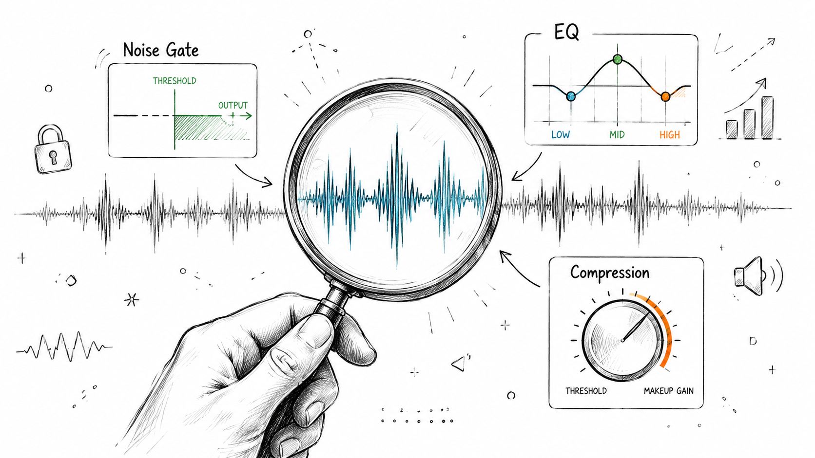 A hand holding a magnifying glass over an audio waveform diagram with noise gate, EQ, and compression icons.