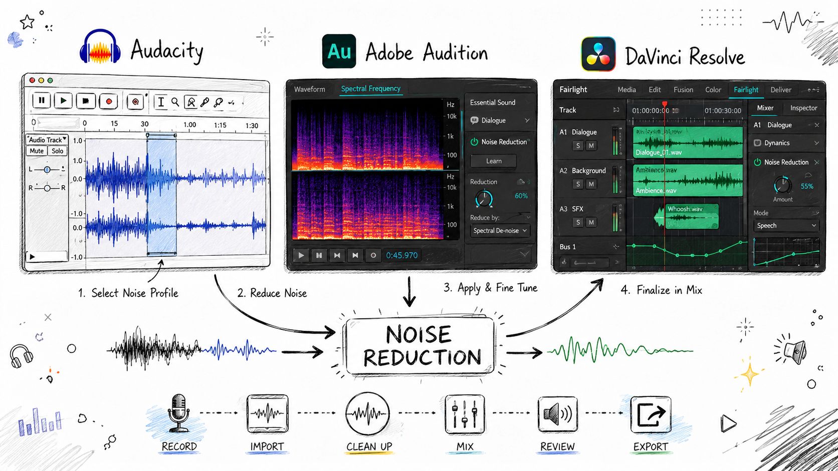 A diagram illustrating the noise reduction workflow across Audacity, Adobe Audition, and DaVinci Resolve software platforms.