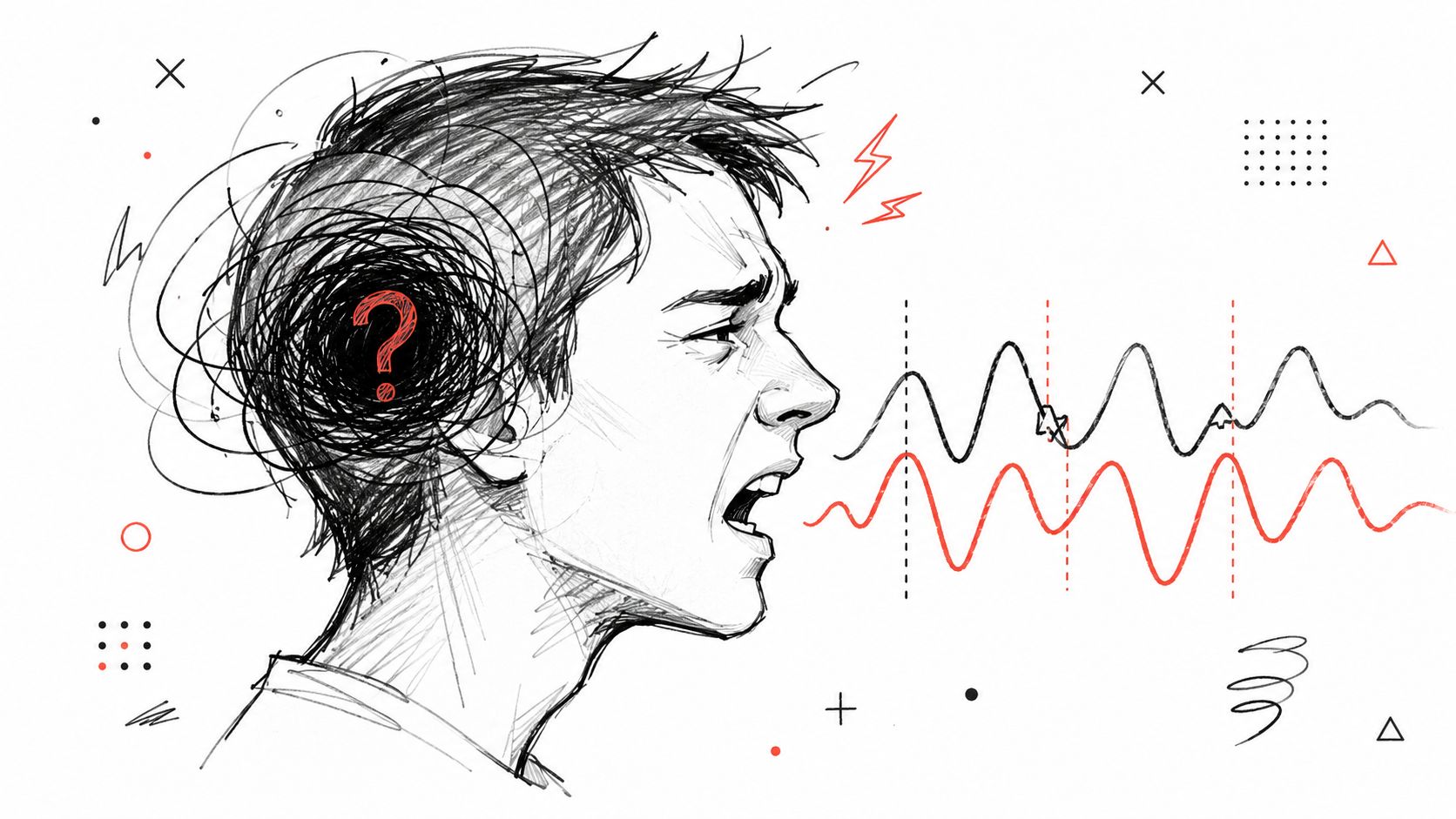 A charcoal sketch of a distressed man with a tangled mind and visual audio sound waves.