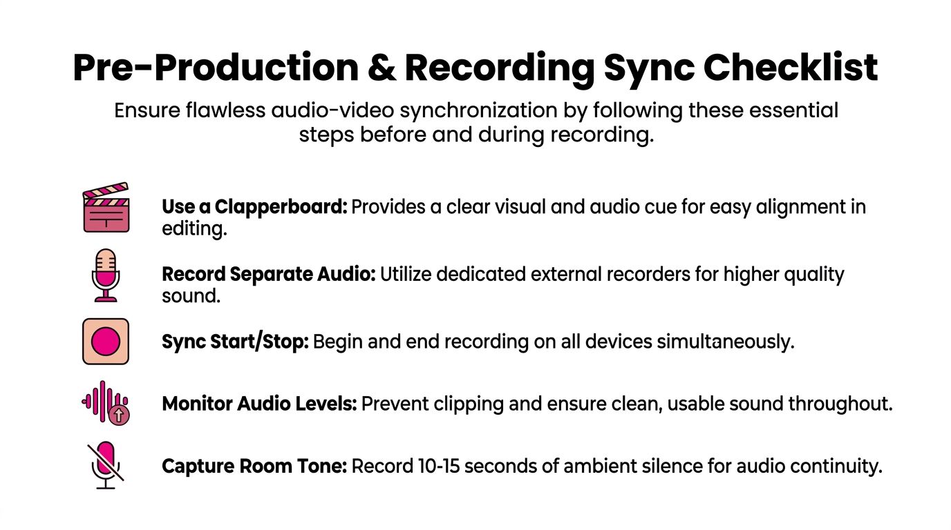 A checklist illustrating essential steps to ensure audio and video synchronization during a recording session.