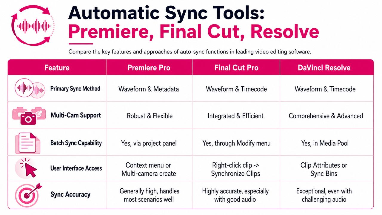 A comparison chart showing automatic audio and video sync tools for Premiere Pro, Final Cut, and DaVinci Resolve.