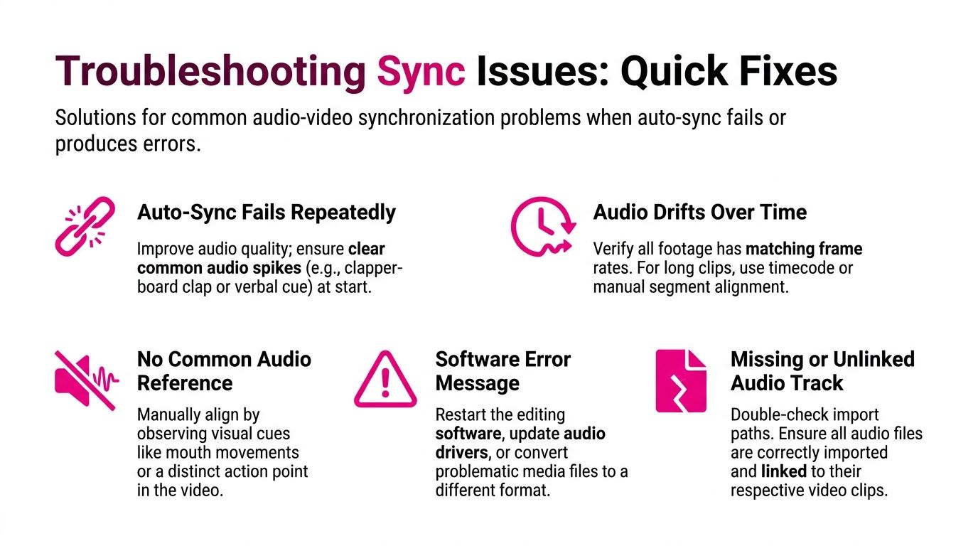 An infographic showing quick troubleshooting tips for fixing common audio-video synchronization problems in editing software.