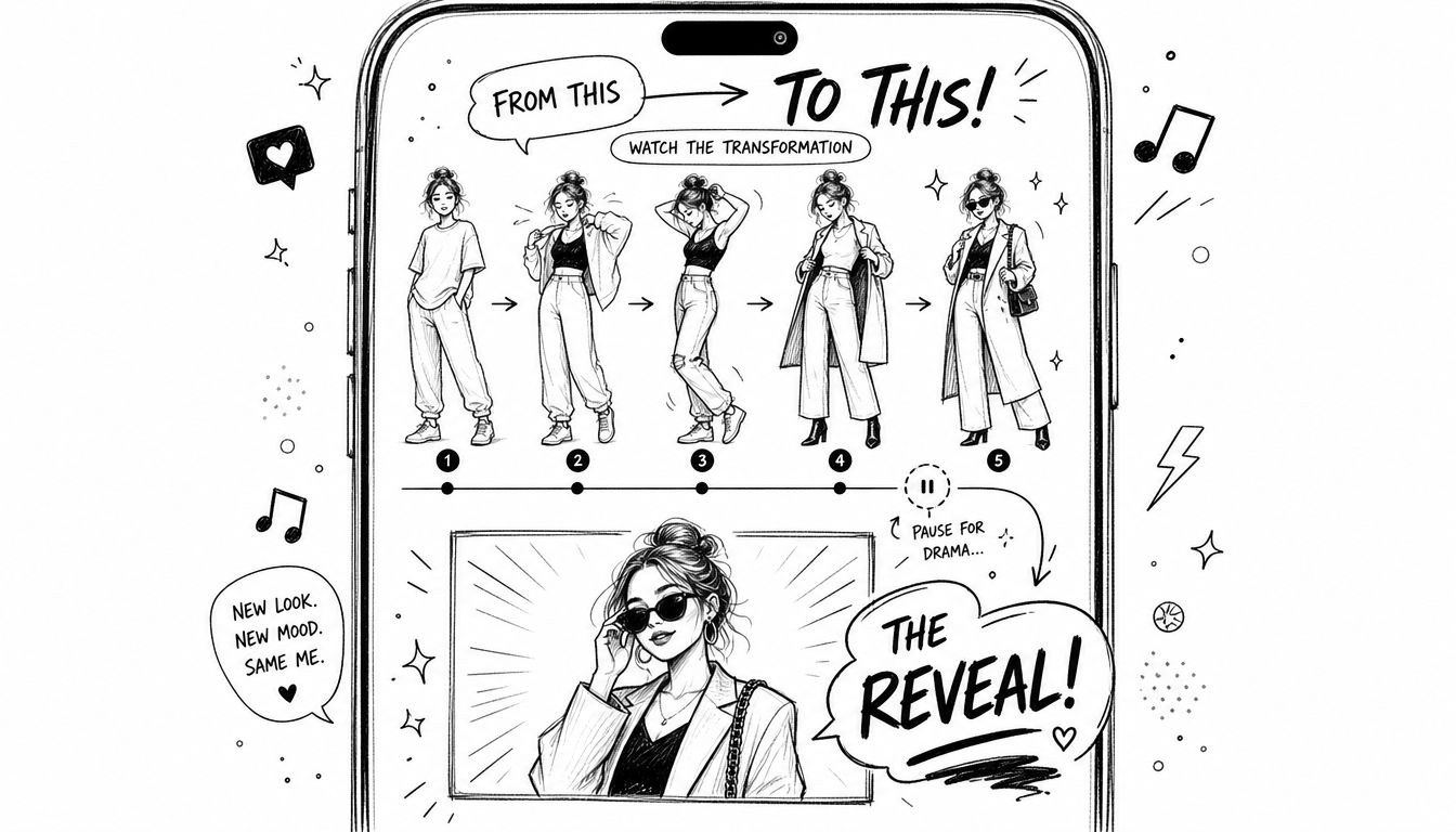 A hand-drawn illustration on a smartphone screen showing a fashion transformation process from casual to chic.