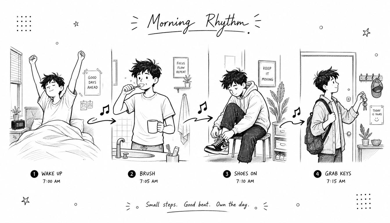 A black and white comic strip illustrating a productive morning routine with four simple daily steps.