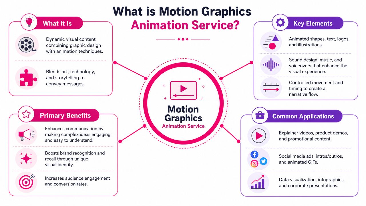 An infographic explaining motion graphics animation services, detailing its definition, key elements, benefits, and common industry applications.