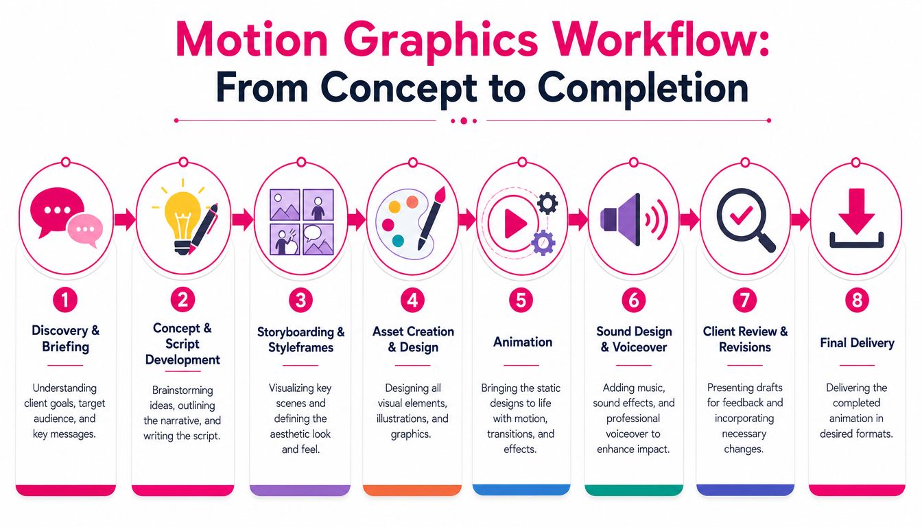 A flow chart illustrating an eight step motion graphics production process from initial discovery to final delivery.