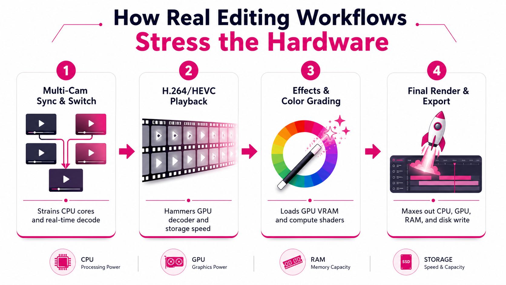 A diagram illustrating how video editing workflows place intense demand on computer hardware components like CPU and GPU.