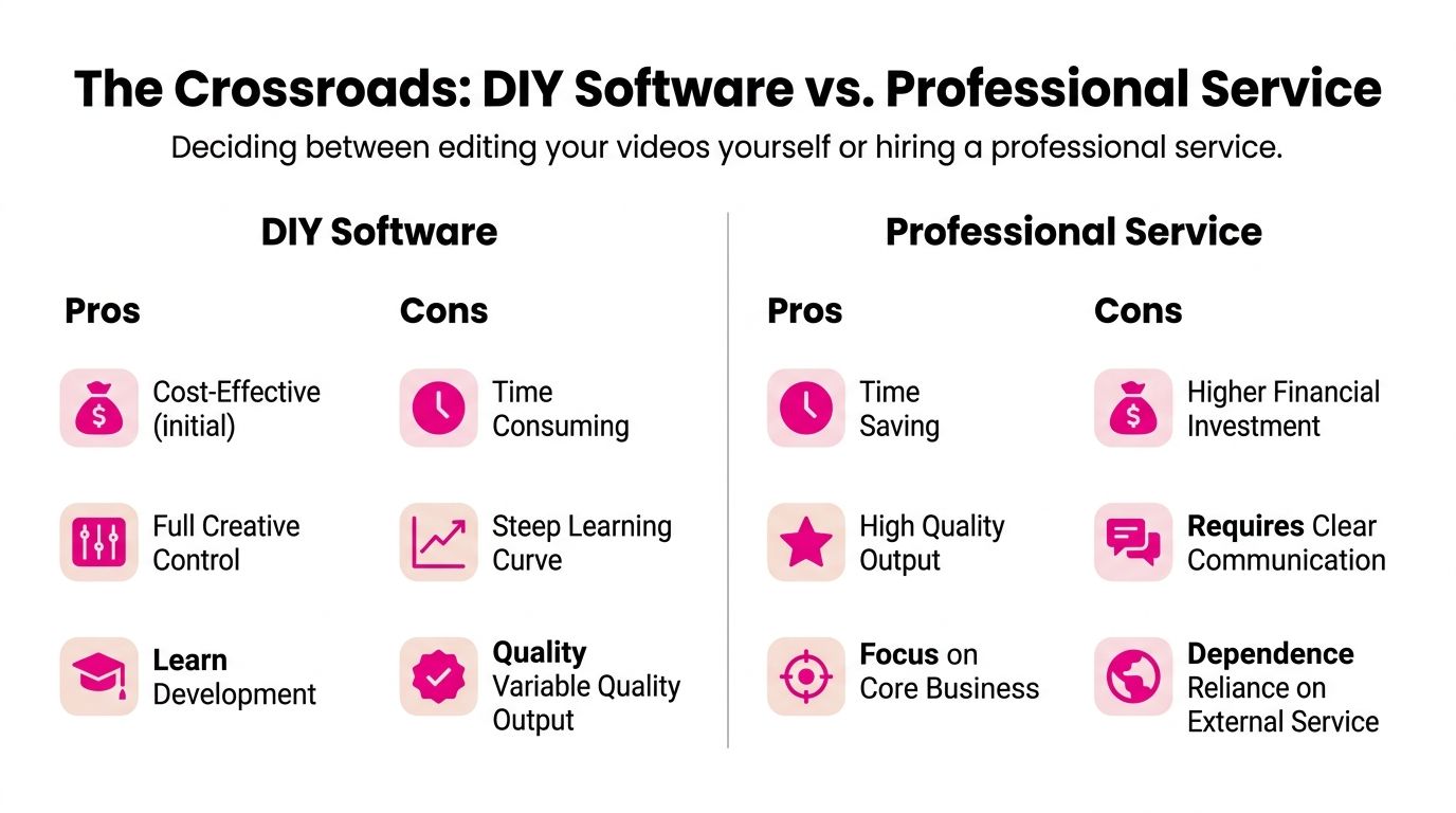 A comparison chart outlining the pros and cons of using DIY video editing software versus professional services.