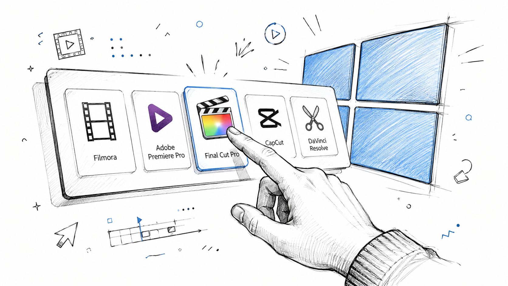 A hand selecting Final Cut Pro from a menu of video editing software on a Windows interface.