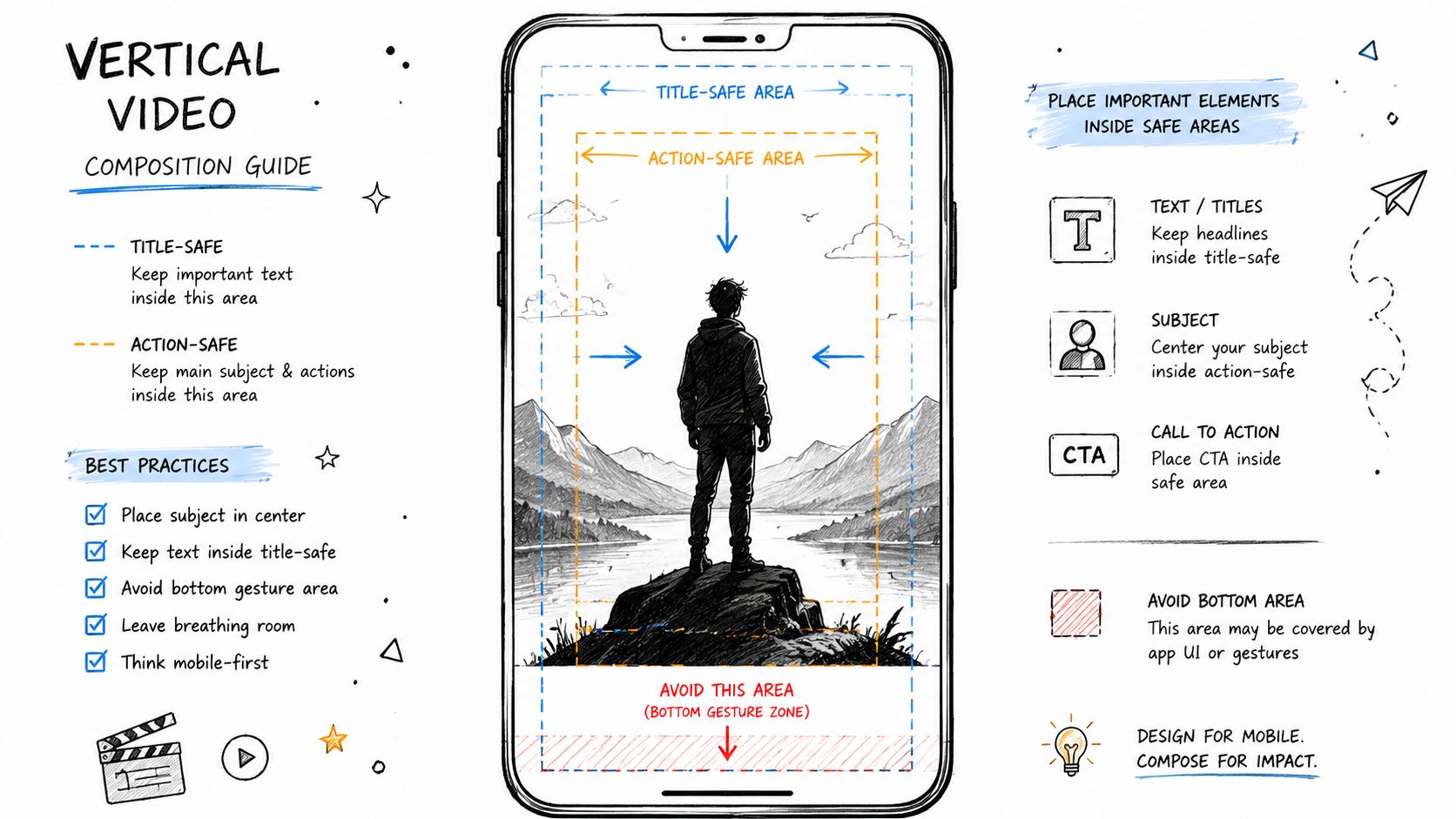 An infographic illustration demonstrating vertical video composition guidelines, safe areas, and best practices for mobile content.