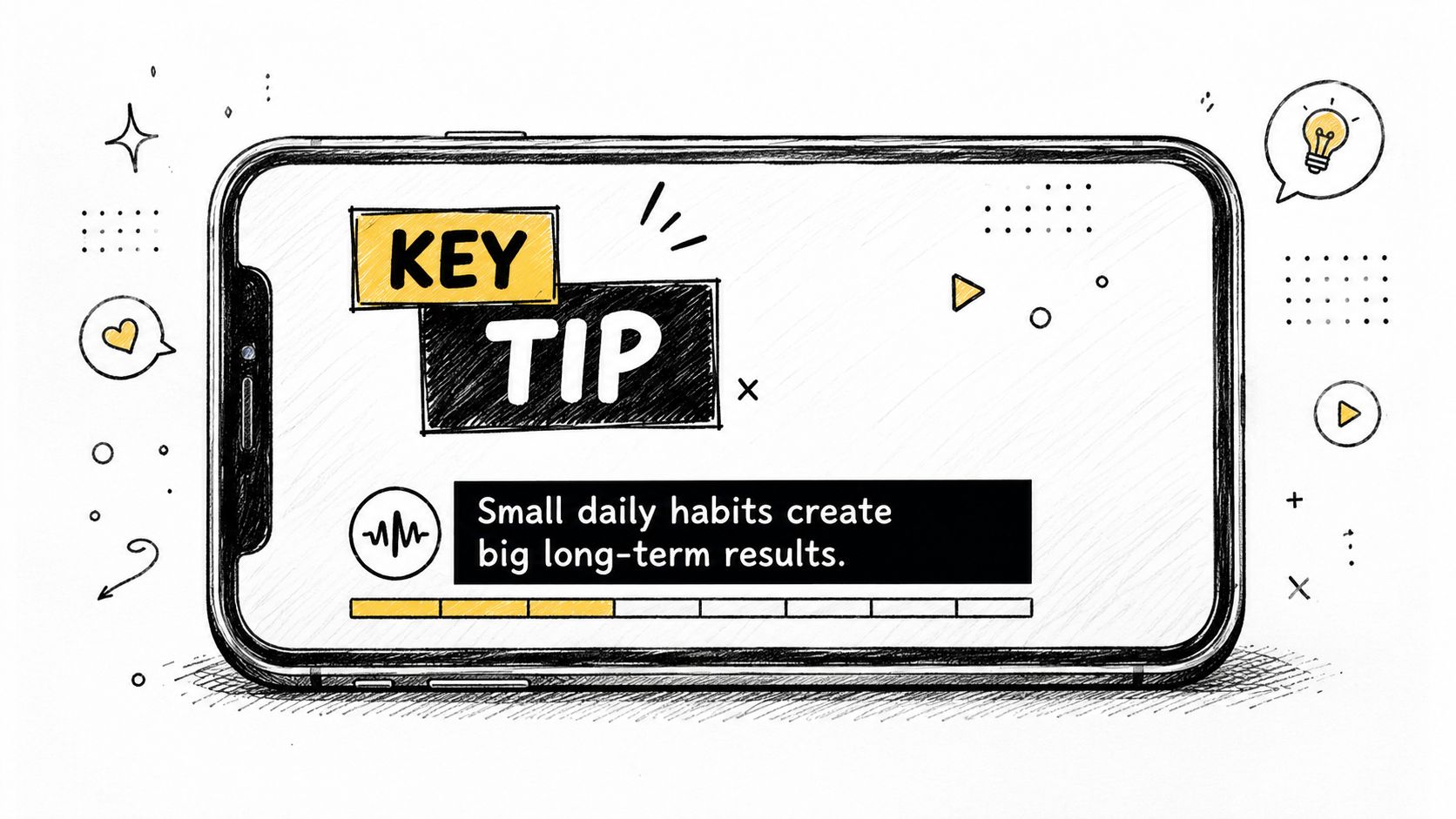A hand-drawn style illustration of a smartphone screen displaying the text, Small daily habits create big long-term results.