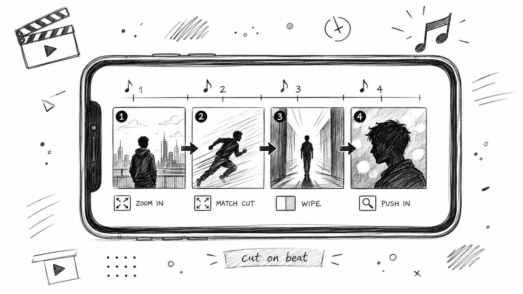 A sketched diagram on a smartphone screen illustrating video editing techniques synchronized to musical beats.