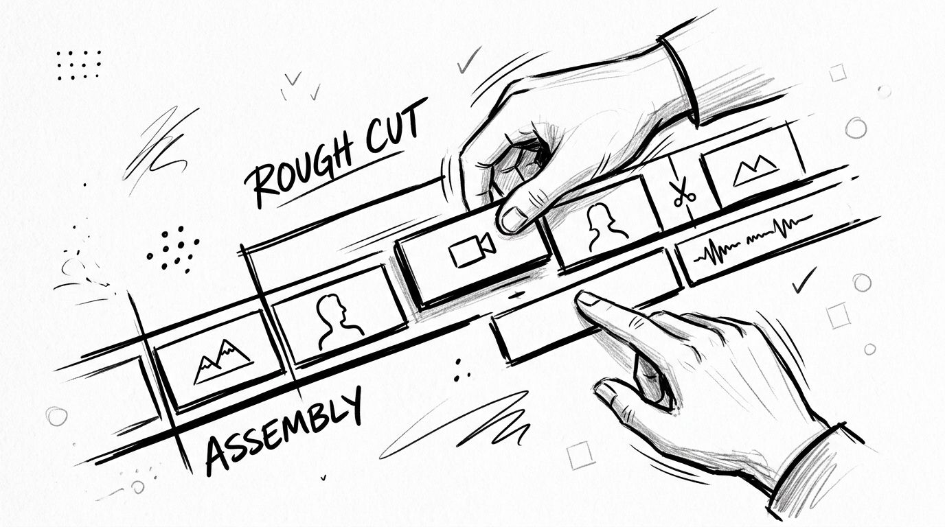 A hand-drawn illustration showing hands arranging video clips on a timeline during the video editing workflow.
