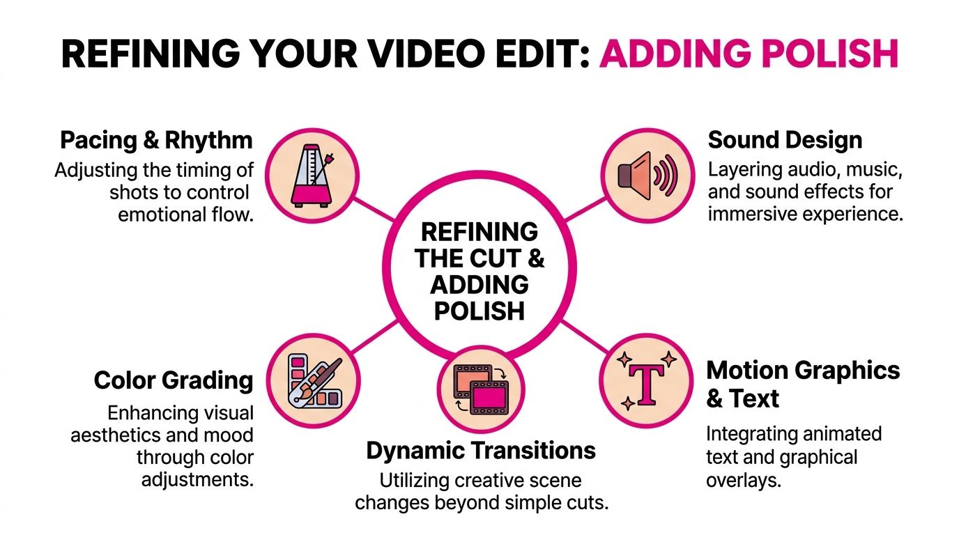 An infographic titled Refining Your Video Edit: Adding Polish, showing five key post-production techniques for video editing.