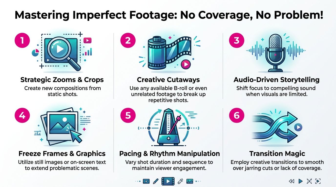 A six-point infographic illustrating techniques for video editing when professional coverage is limited or imperfect.