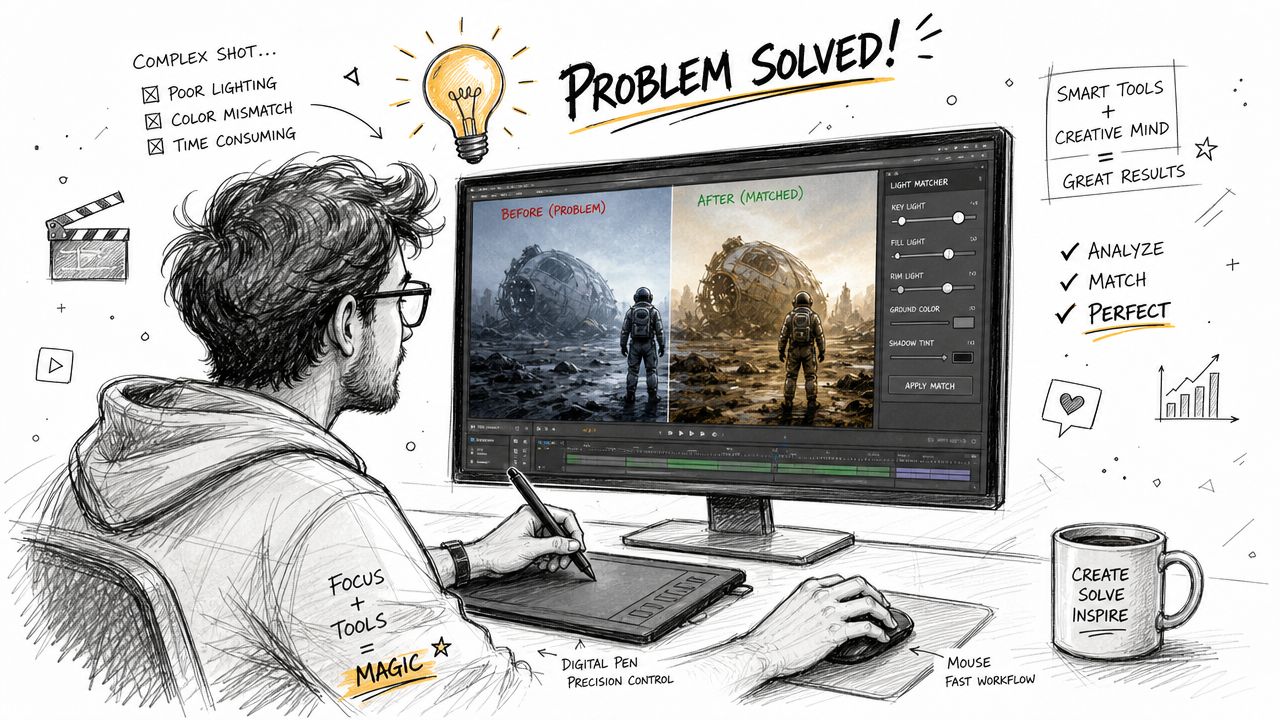 An artist editing cinematic sci-fi footage using digital tools on a computer to improve lighting and color.