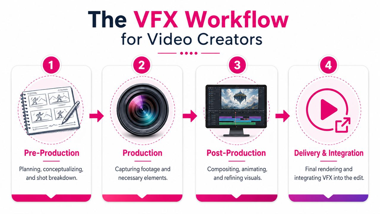 A four-step infographic illustrating the professional VFX workflow for video creators from pre-production to final delivery.
