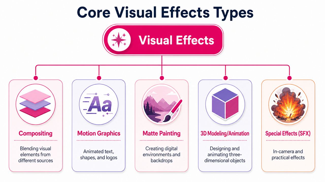 A diagram illustrating five core types of visual effects including compositing, motion graphics, matte painting, 3D, and special effects.