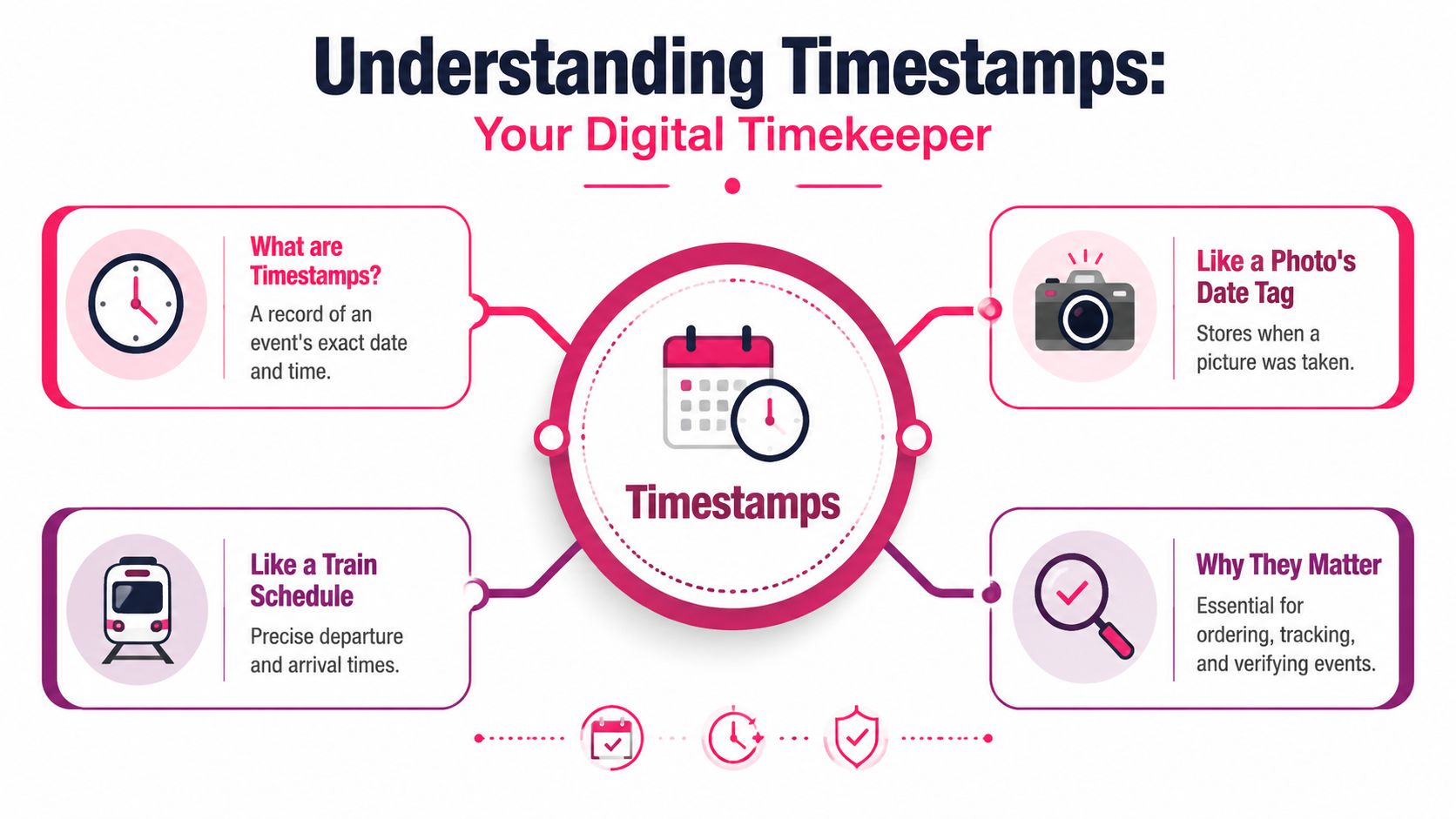 An infographic explaining timestamps as records of exact dates and times for various digital events.